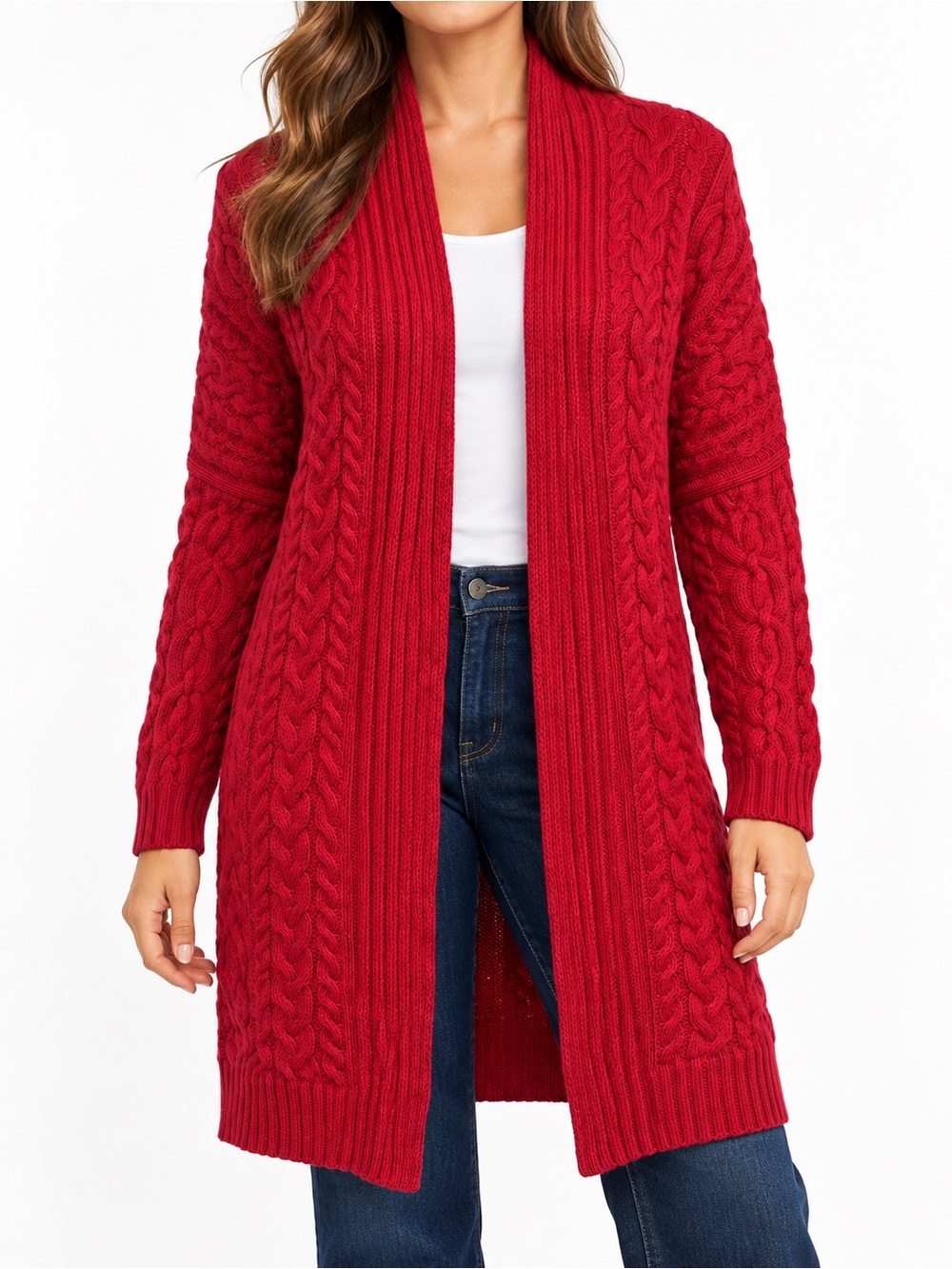 Lauren Ralph Lauren Petite Red Cable Knit Longline Cardigan M/L
